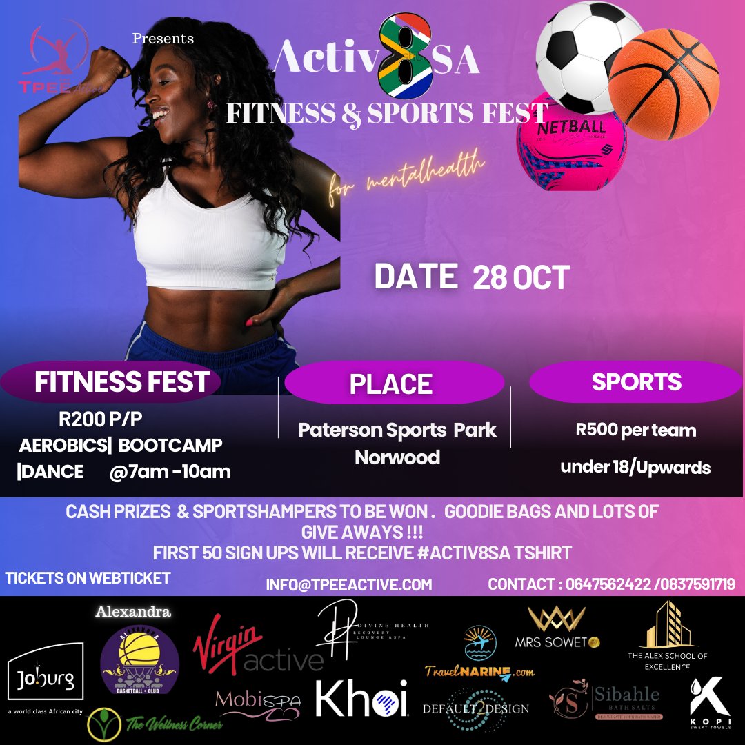 peeter_t's tweet photo. Join us 4 Fitness &amp; SPORTS  for MENTAL HEALTH AWARENESS. 28 OCT. PatersonPark JHB #Activ8SA #fitness #sports #netbal #soccer #DrNandiphaMagudumana #ThaboBester #SenzoMeyiwaTrial https://t.co/WDHpKnZigl