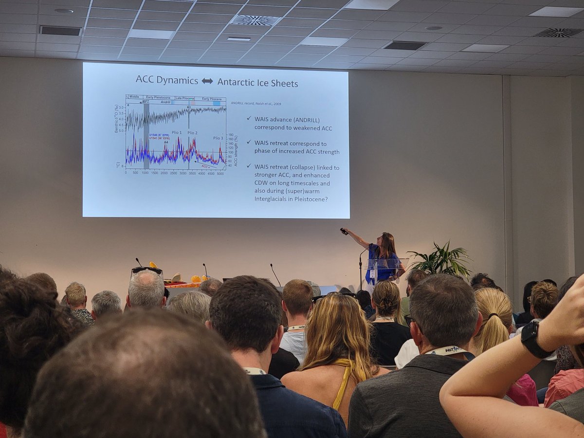 SarahKachovich's tweet photo. Up first is @GiselaWinckler talking about what the marine sediment records from the Southern Ocean can tell us about the strengthen/weakening of the Antarctic circumpolar current, dust fluxes and ice rafted debris through time
#IODP #Exp383 #ANDRILL #SCARinstant https://t.co/pUCpz7p4Qc