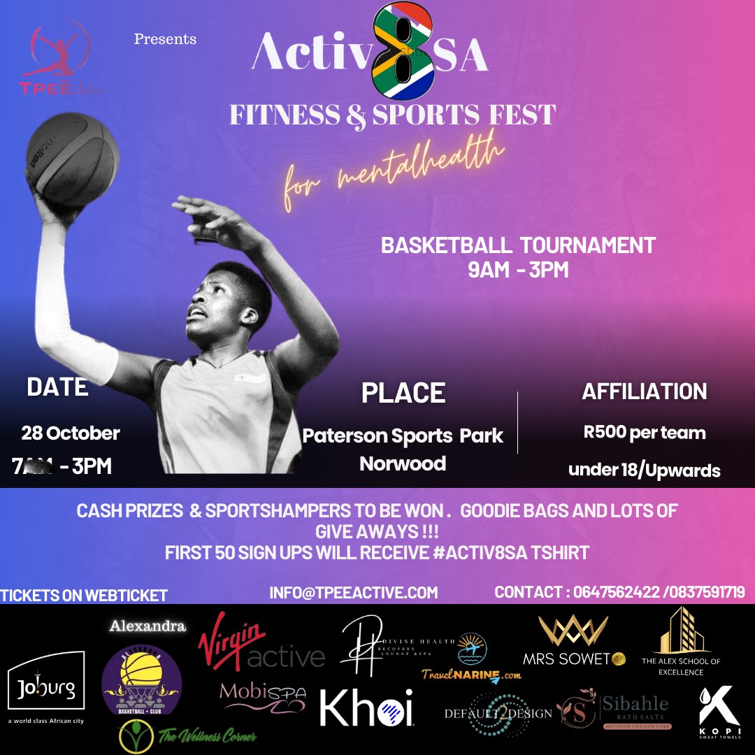 peeter_t's tweet photo. Join us 4 Fitness &amp; SPORTS  for MENTAL HEALTH AWARENESS. 28 OCT. PatersonPark JHB #Activ8SA #fitness #sports #netbal #soccer #DrNandiphaMagudumana #ThaboBester #SenzoMeyiwaTrial https://t.co/WDHpKnZigl