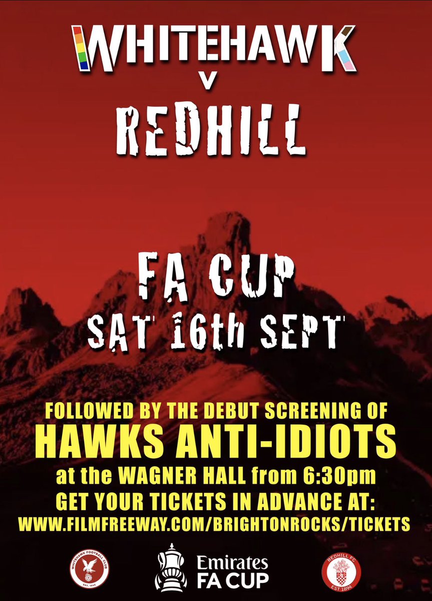 It’s ‘Hawks Day’ on Saturday’ <a href="/HawksFCOfficial/">Whitehawk FC</a> v <a href="/redhillfc/">Redhill FC</a> in the <a href="/EmiratesFACup/">Emirates FA Cup</a>… Then the World Premiere of, ‘Hawks, Anti-Idiots’. Tix for the film here: filmfreeway.com/BrightonRocks/…
<a href="/HawksUltras/">Whitehawk Ultras 🐀</a> <a href="/UtilitaFootball/">Utilita Football</a> 
#footballforall