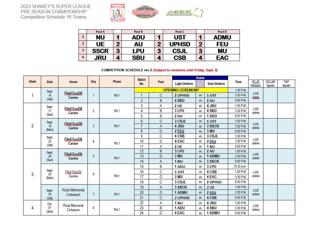 ShakeysLeague's tweet photo. Shakey's Super League Pre-season Championship full schedule!

#AllToPlay #ShakeysSuperLeague 
#SSLPreseason https://t.co/TiXWyrFcwV