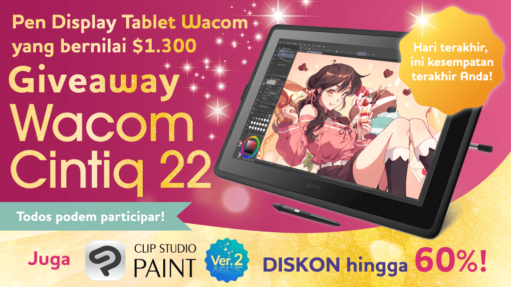 clipstudiopaint's tweet image. Hari terakhir! Wacom Cintiq 22 senilai $1.300 bagi satu orang yang beruntung! Ayo follow &amp;amp; RT. Promo Terbatas CLIP STUDIO PAINT DISKON hingga 60% pun berlangsung s/d 12 September 15.00 WIB. Klik lebih lanjut: clipstudio.net/promotion/give…