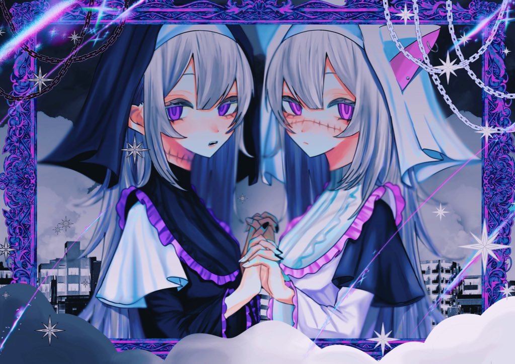 multiple girls 2girls looking at viewer holding hands nun purple eyes long hair  illustration images