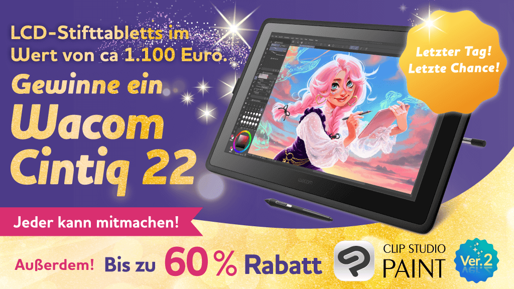 clipstudiopaint's tweet image. Am letzten Tag gibt es ein Wacom Cintiq 22 LCD im Wert von ca 1.100 Euro zu gewinnen! Folge und reposte diesen Beitrag um teilzunehmen. Bis 12. September um 9:00 Uhr (MEZ) bis zu 60% Rabatt auf CLIP STUDIO PAINT! Mehr Infos: clipstudio.net/promotion/give…