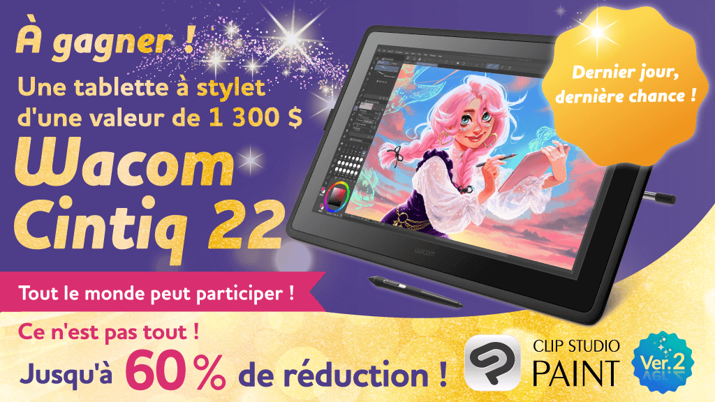 clipstudiopaint's tweet image. Dernier jour : un Wacom Cintiq 22 d’une valeur de 1 300 $ à gagner ! Pour participer, il suffit de suivre et de reposter ce post. Participations illimitées. CSP Ver. 2 en soldes jusqu&apos;à -60 % jusqu&apos;au 12 septembre à 8h00 (GMT) ! Plus d&apos;info ici : clipstudio.net/promotion/give…