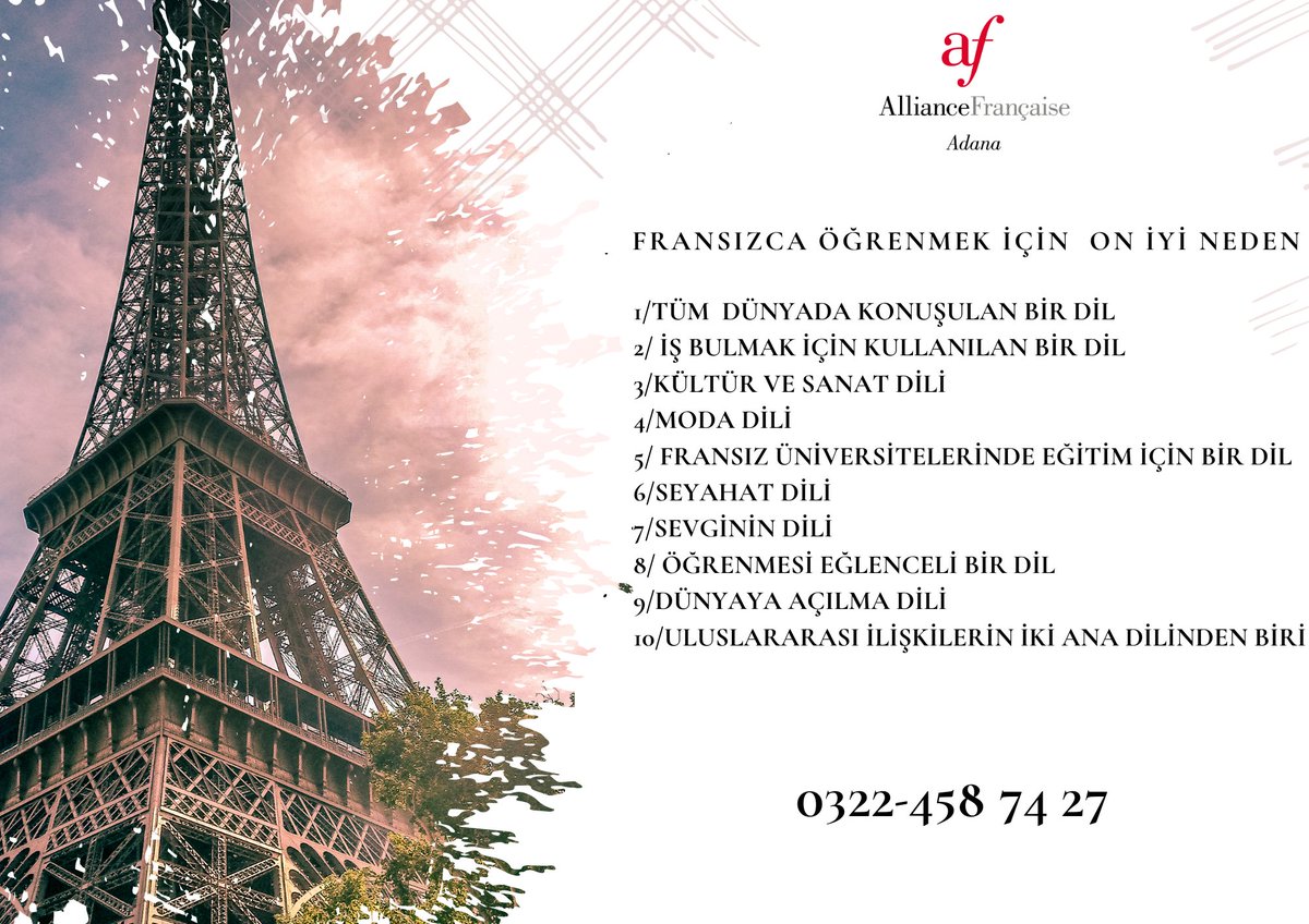 AFAdana's tweet photo. Yeni dönem Fransızca kurslarımıza kayıtlar devam ediyor !
 Detaylı bilgi için : 
☎️(0322) 458 74 27 
📷bonjour@af-adana.org https://t.co/Vk68zwT4Je