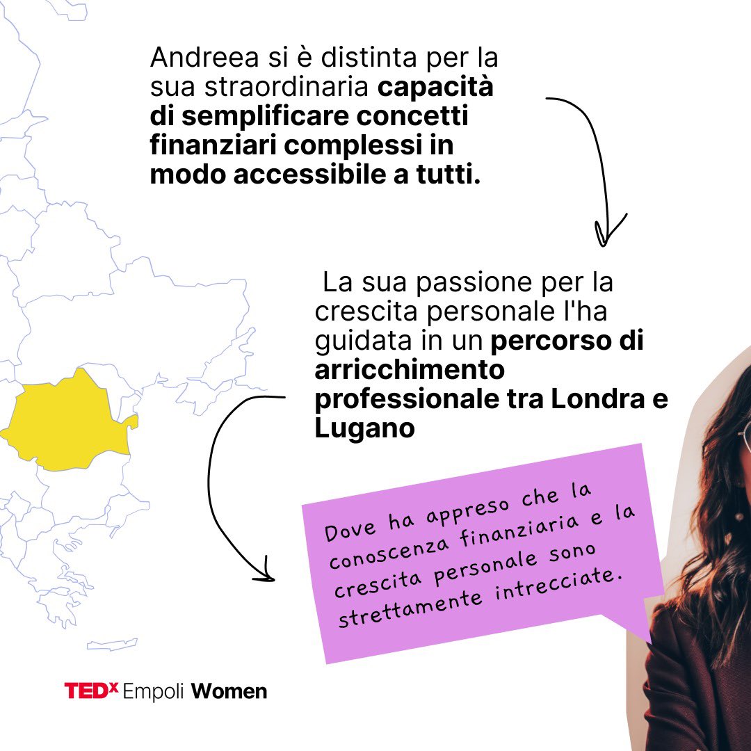 TEDxEmpoli's tweet photo. Speaker #TEDxEmpoliWomen 🚨
❌Andreea Timus❌
@AndreeaTimus 
Consulente finanziaria di successo e fondatrice di KISS (Keep Investment Super Simple), si distingue per la sua capacità di rendere semplici e accessibili concetti finanziari complessi. 
#tedxempoli #andreeatimus https://t.co/lDPqUTVJ7e