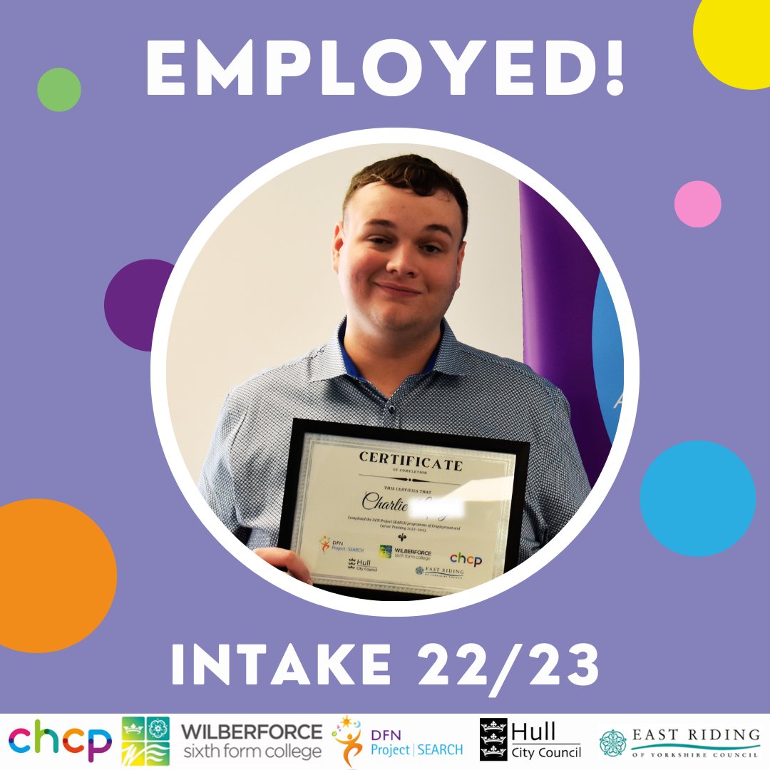 EMPLOYED! Our intern Charlie (2022/23) has been employed by @CHCPHull as an Administration Apprentice. Congratulations Charlie!
#disabilityconfident #inclusionrevolution #dfnprojectsearch