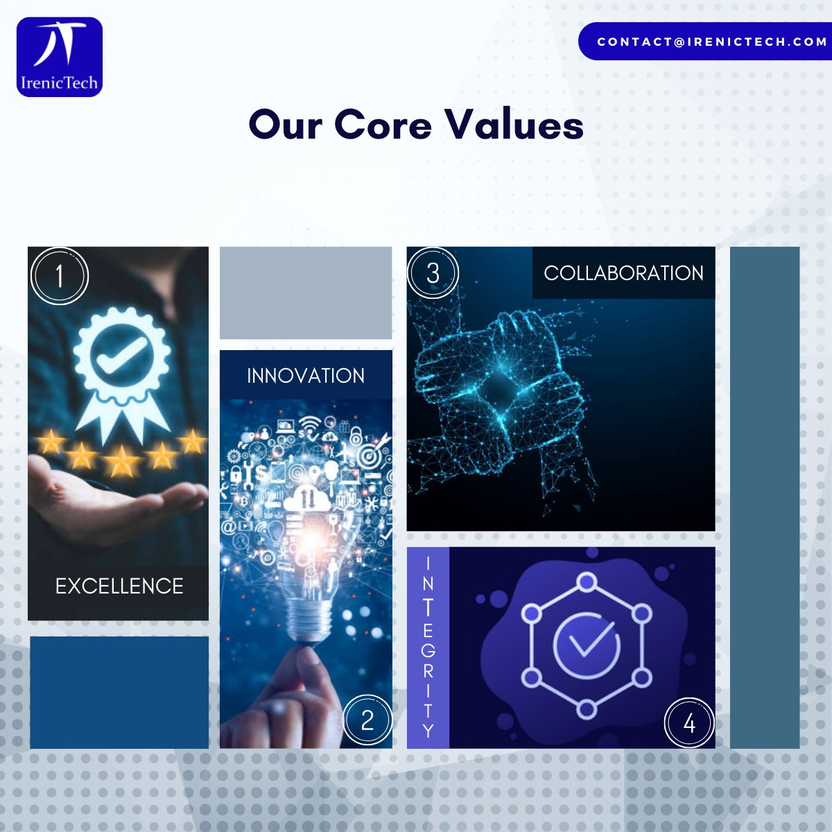 irenictech's tweet photo. Elevating Success through our core values! 
At IrenicTech, we live and breathe Excellence, Innovation, Collaboration, and Integrity. Join us as we turn these values into remarkable achievements!
#IrenicTech #CoreValues #Success #Excellence #Innovation #Collaboration #Integrity https://t.co/wltIuY6HyH