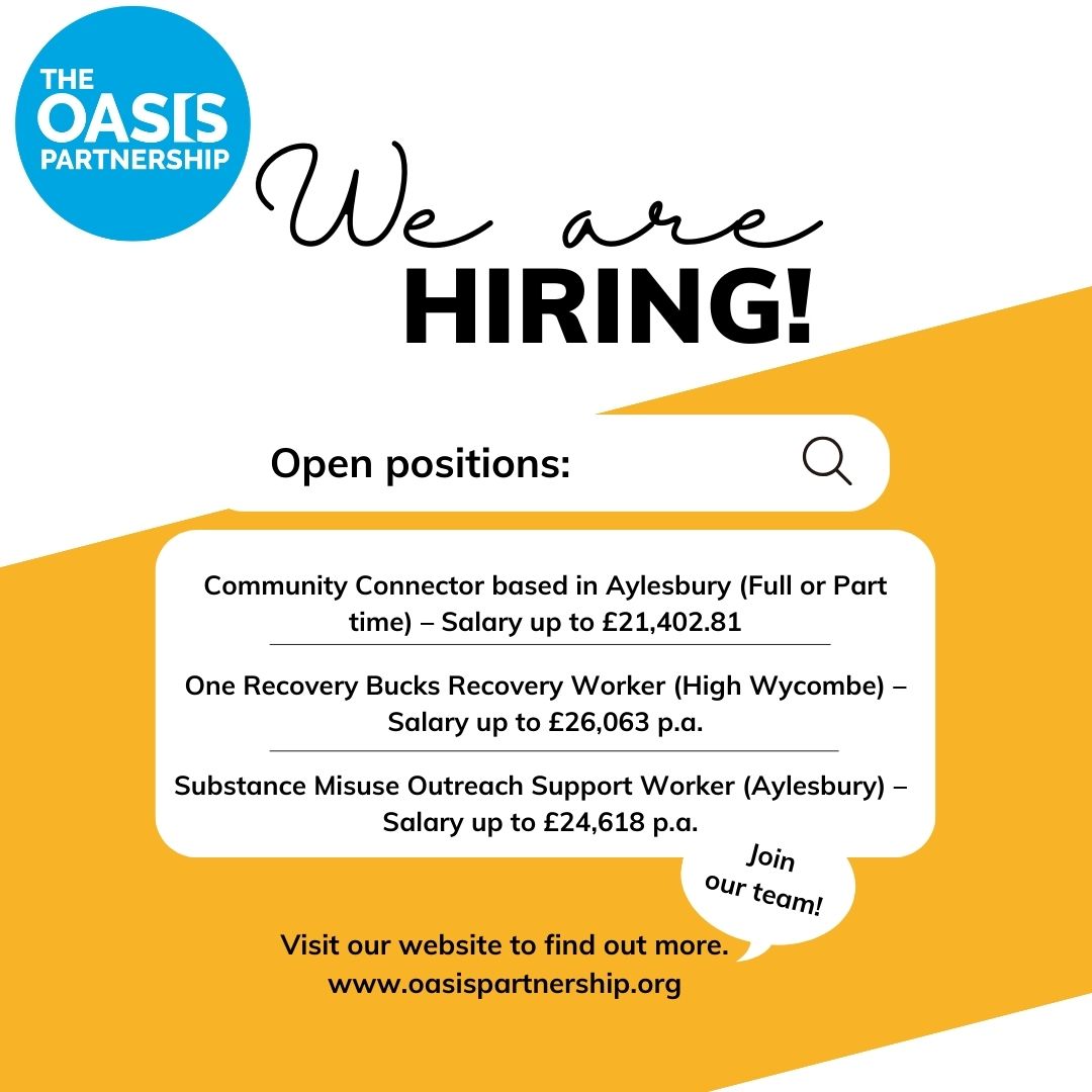 TheOasisCharity's tweet photo. We are recruiting! To learn more about joining our fabulous and caring team, please visit https://t.co/Rtfjq3b2ML. 

#charityjob #substanceusejobs #recoveryjobs #wearehiring #buckinghamshire #theoasispartnership #aylesburyjobs #highwycombejobs https://t.co/b4GMRrrqet