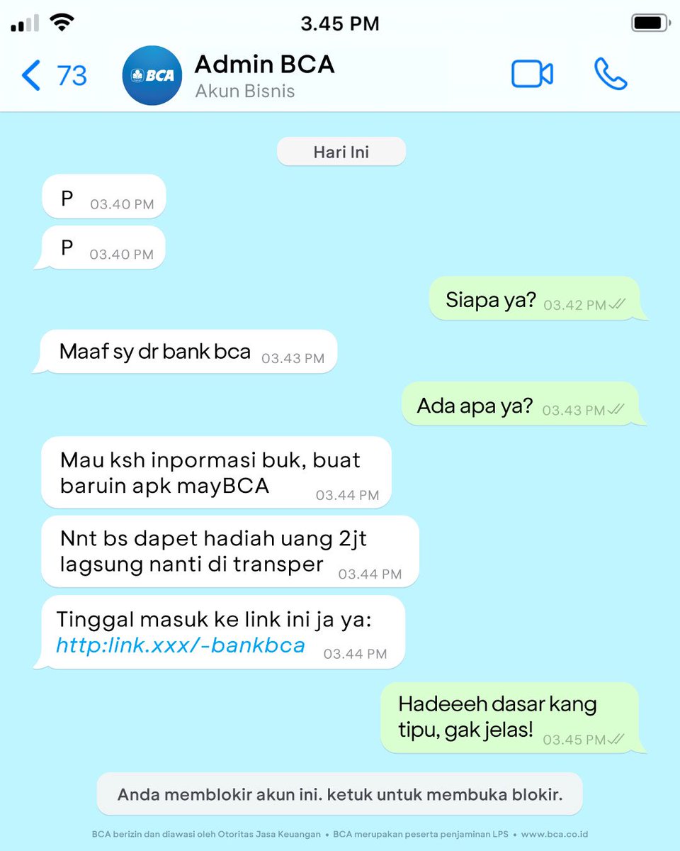 XpresiBCA's tweet photo. Hidup lagi santai-santainya, malah dapet chat kayak gini. Jelas banget ini penipuan. Pokoknya Sobat Xpresi harus selalu berhati-hati, ya!

Kalau ada hal yang mencurigakan, kamu bisa langsung laporkan ke nomor Halo BCA 1500888 atau lewat aplikasi Halo BCA yaa! #AwasModus
Info di https://t.co/ibaZ0I030V