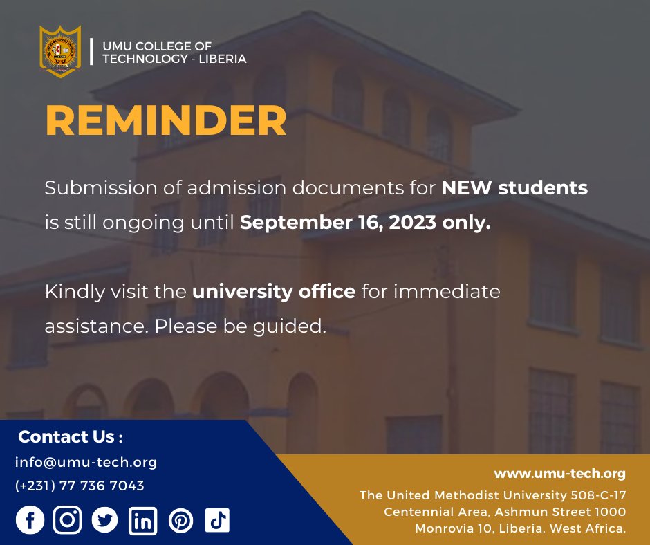 umu_tech's tweet photo. #REMINDER

Submission of admission documents for NEW students is still ongoing until September 16, 2023 only. 

Kindly visit the university office for immediate assistance. Please be guided. Thank you! https://t.co/csuJmmi3Kv