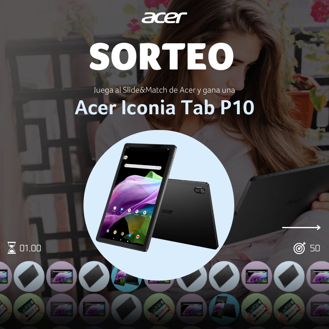 ES_Acer's tweet photo. ¡SORTEO! 🔥 ¡Prepárate para un desafío ganador! 
Juega a Slide&amp;Match y entra en el sorteo de nuestra Acer Iconia Tab P10. 🖊️🎬 Potencia y diversión en una tablet con pantalla de alta resolución, larga duración de batería y videollamadas sencillas.

#sorteo #acericonia #tabp10 https://t.co/HOmcHvCAgW