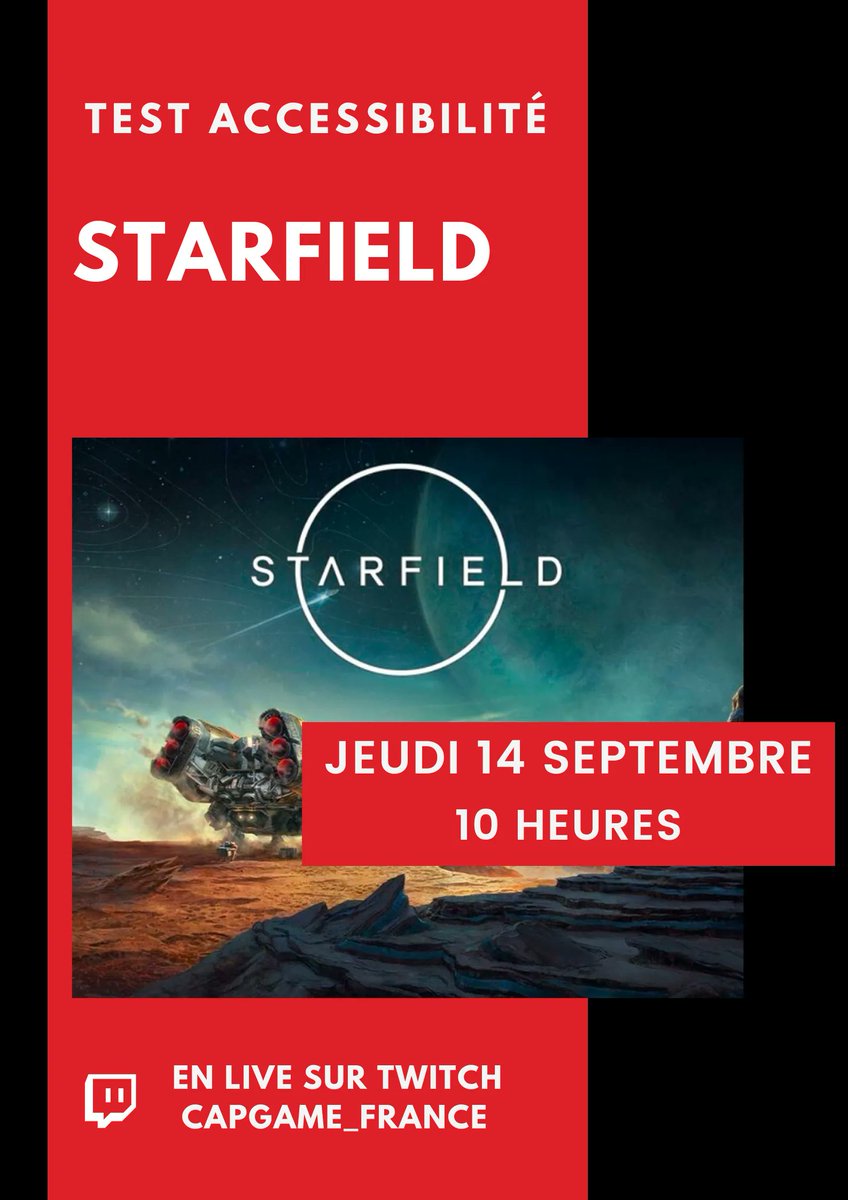 CapGame (@capgame_france) on Twitter photo C'est aussi la rentrée pour notre équipe Testing !
Rendez-vous jeudi 14 septembre à 10 heures pour le #TestA11yJV de #Starfield !
En compagnie d'<a href="/PilarskiTony/">Ivar_Le_Déssosé</a> et de <a href="/Blog_Game_Lover/">Capgame Testing</a> !
Le test se fera en live sur la chaîne Twitch CapGame_France.
#TestA11y #TestJV #TousGamer C'est aussi la rentrée pour notre équipe Testing !
Rendez-vous jeudi 14 septembre à 10 heures pour le #TestA11yJV de #Starfield !
En compagnie d'<a href="/PilarskiTony/">Ivar_Le_Déssosé</a> et de <a href="/Blog_Game_Lover/">Capgame Testing</a> !
Le test se fera en live sur la chaîne Twitch CapGame_France.
#TestA11y #TestJV #TousGamer