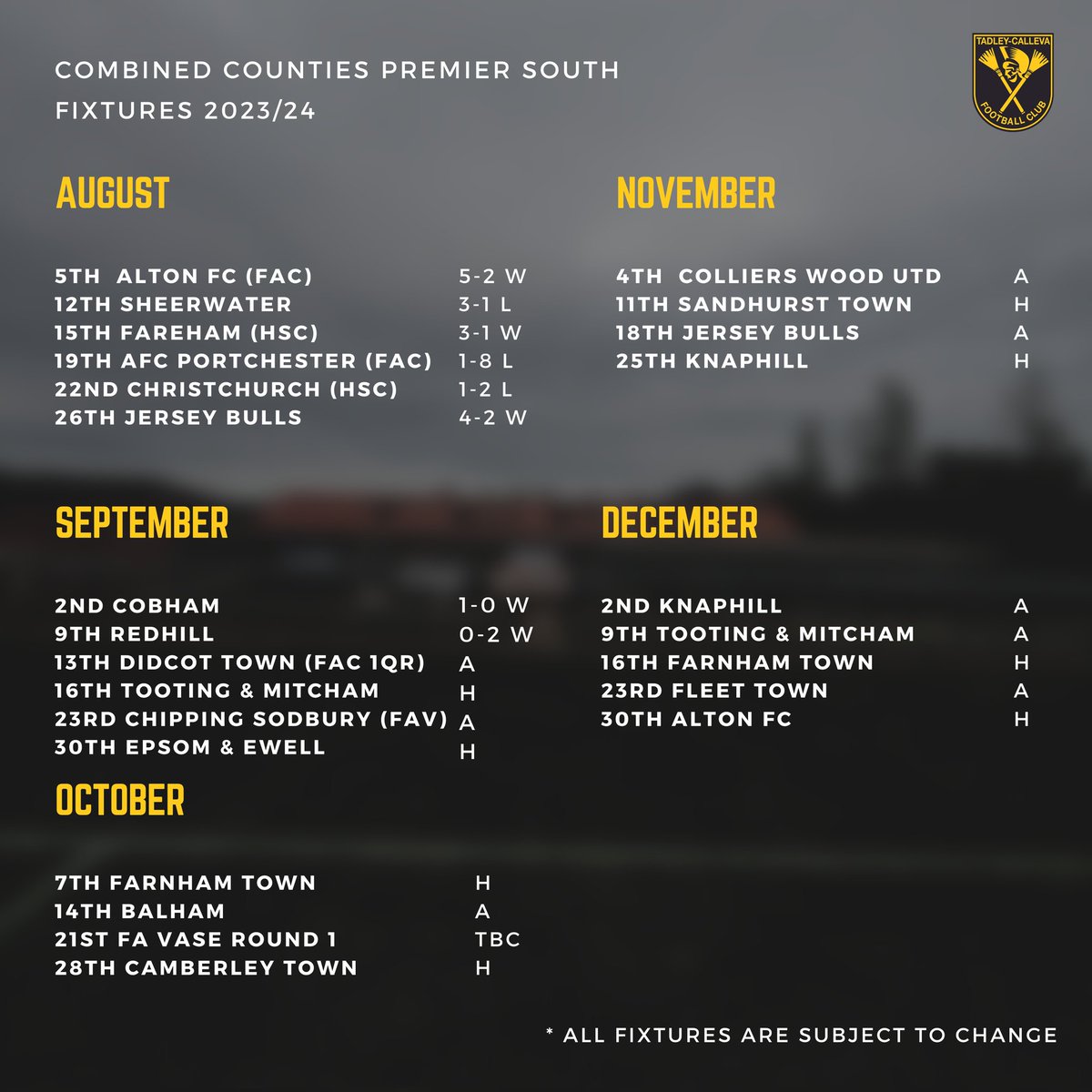 TadleyCallevaFC's tweet photo. An update to our fixtures π
Please note, all fixtures are subject to change.
ππ€
#tadders https://t.co/39d0xgP5RL