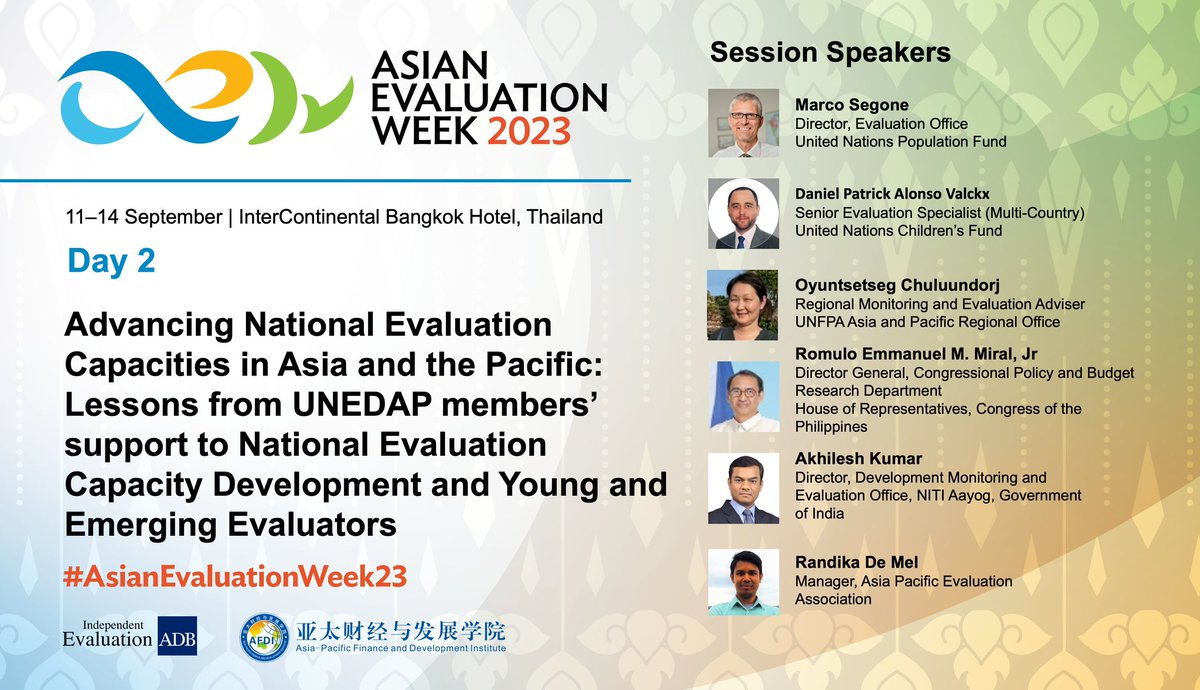 unfpa_eval's tweet photo. Happening tomorrow
Lessons from #UNEDAP on advancing national evaluation capacities & youth with @msegone | @Oyuna_UNFPA | @rldemel22 @APEAeval | Daniel Alonzo @UNICEF | Romulo Miral @HouseofRepsPH | Akhilesh Kumar @_DMEO
If you’re at #AsianEvaluationWeek23, join this session👇 https://t.co/z7dmJx8fxe
