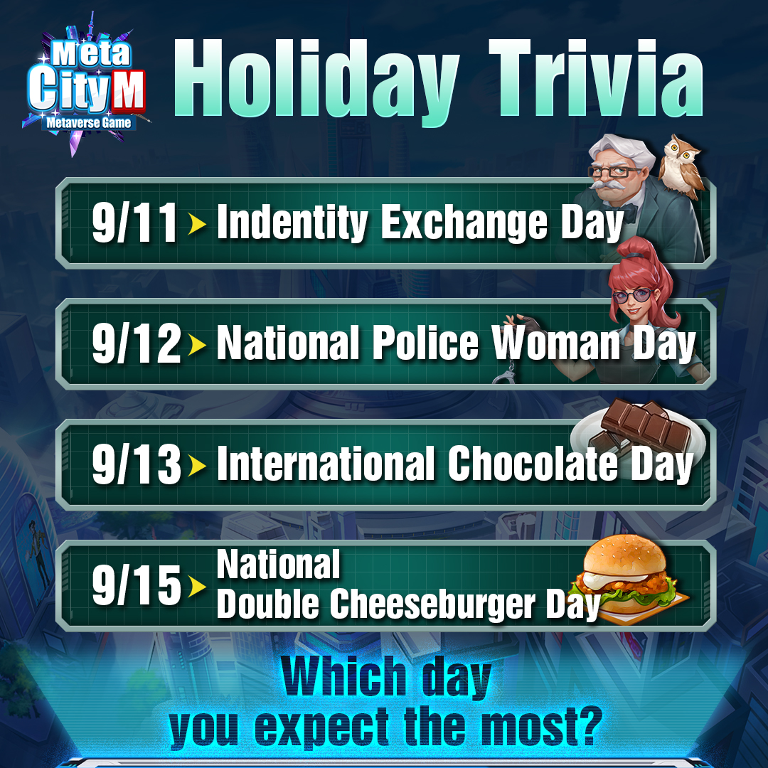 🍔 今週の #おもしろい休日 🍫
- 
✨ 9/11 身分交換の日
✨ 9/12 国際女性警察の日
✨ 9/13 国際チョコレートの日
✨ 9/15 国内ダブルチーズ 
-
🎧 Discord discord.gg/mDHdaehUFp