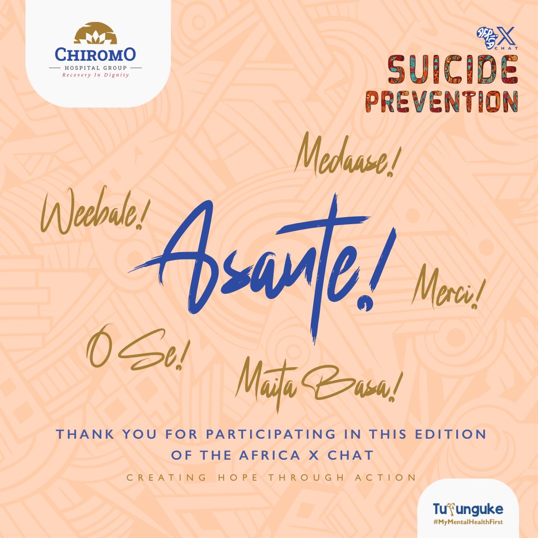 ChiromoHospGrp's tweet photo. 🌟 To Our Remarkable Panelists,

Your wisdom, compassion, and dedication have illuminated our chat on

 "SUICIDE PREVENTION - CREATE HOPE THROUGH ACTION." 

Your voices have given hope wings, and your insights have been the guiding light.

Thank you for sharing your expertise, your stories, and your hearts with us. Together, we've sown the seeds of change across Africa and beyond. Your contribution has been nothing short of extraordinary.

Let's continue to work hand in hand, creating a world where hope shines brightest and every life is cherished. 🌍💚

#TufungukeAfrica
#SuicidePrevention
#SuicidePreventionMonth