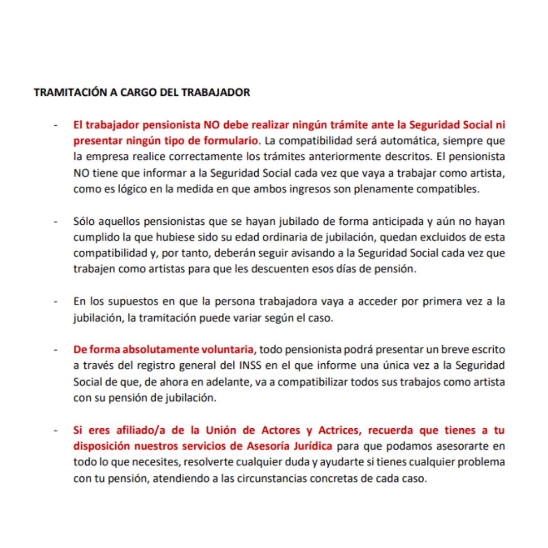 A partir de ahora, se confirma que los actores y las actrices jubilados/as no deberéis realizar ningún trámite ante la Seguridad Social cuando trabajéis por cuenta ajena.

Os adjuntamos la 'Guía de la Unión' para la correcta compatibilización