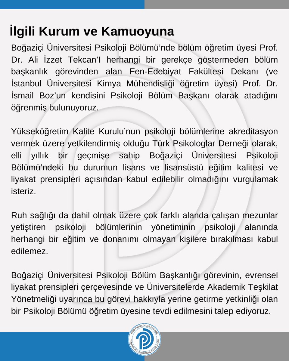 say_cem's tweet photo. Bir kimya mühendisinin kendi kendisini Boğaziçi Üniversitesi Psikoloji Bölümü Başkanlığına vekaleten ataması üzerine Türk Psikologlar Derneği tarafından yapılan açıklama.
(Kanun, bölüm başkanının o bölümün hocaları arasından atanmasını emrediyor.) https://t.co/95cZlW3WXP