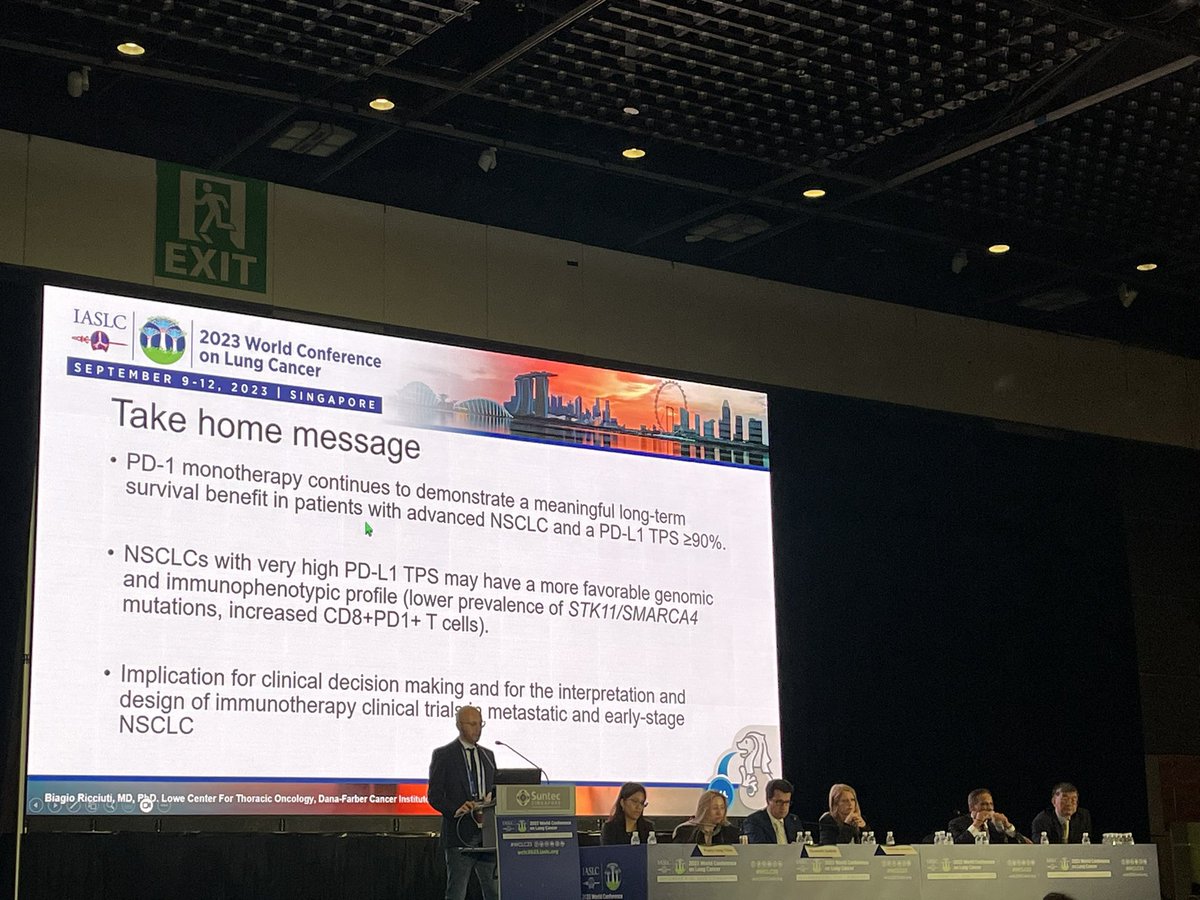 Fantastic talk by 🌟<a href="/BiagioRicciutMD/">Biagio Ricciuti, MD PhD</a> showing Pembro monotherapy continues to demonstrate a meaningful long-term survival benefit in pts w/ advanced NSCLC and a PD-L1 ≥90%. NSCLCs with very high PD-L1 may have a more favorable genomic and immunophenotypic profile. #WCLC23 <a href="/IASLC/">IASLC</a>