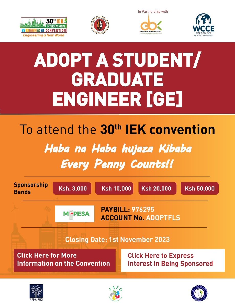 2/2
Industry patners, institutions of higher learning and corporate members are urged to support future leaders by adopting a student/Graduate engineer to attend the convention. Your support will go along way in impacting a future leader.  #EveryPennyCounts
#30thIEKConvention