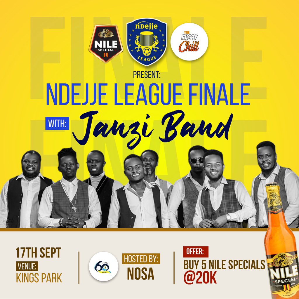 <a href="/NOSAssociation/">Ndejje Old Students Association - NOSA</a> with <a href="/ndejjeleague/">Ndejje League</a> 
Sponsored by <a href="/NileSpecial/">Nile Special</a> &amp; <a href="/TheRugbyChill/">The Rugby Chill®️</a> bring you:

A  FINALE NIGHT WITH <a href="/JanziBand/">Janzi</a>  <a href="/Kingsparkarena/">King's Park Arena</a> THIS SUNDAY!!

It gets better!🥳: The Nile Specials are at a discount for the day; 5 for 20K!
Isn't this exciting?!

Gates open: 10:00AM