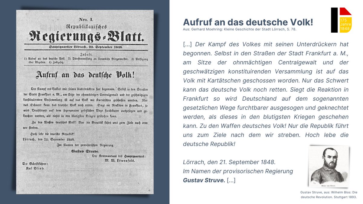 GEDG_Weimar's tweet photo. #175Jahre1848: Am 21.09.1848 ruft Gustav #Struve in #Lörrach die #Republik aus. Das Vorhaben - im Fahrtwind der Ereignisse rund um die Nationalversammlung im September - scheitert zwar, steht aber bis heute im Kontext des Kampfes um #Demokratisierung vor 175 Jahren. #1848heute https://t.co/eaW9x1SYHD