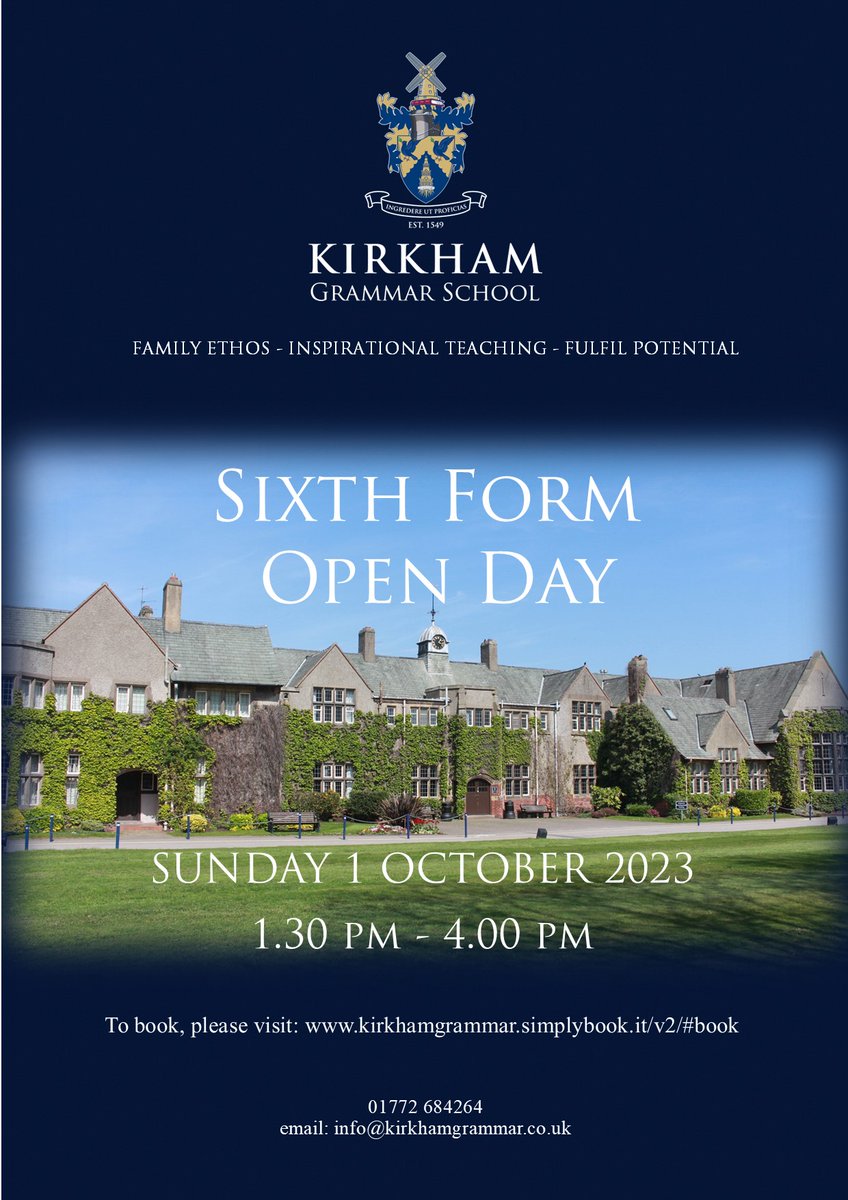Come and visit our @KirkhamGrammar Sixth Form on Sunday 1 October 1.30pm-4.00pm and see for yourself the opportunities we have on offer. To book, please visit: kirkhamgrammar.simplybook.it/v2/#book  @PenworthamGH @PriorySTC @Broughtonsch @CTKPreston @WLDHighSchool @BrownedgeStMary #sixthform