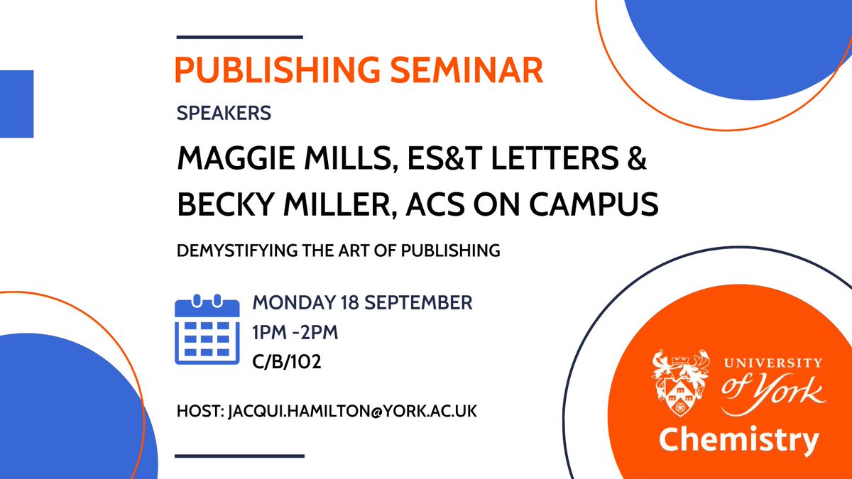 Chemistry at York (@chemistryatyork) on Twitter photo NEXT WEEK - Publishing Seminar: Maggie Mills, ES&T Letters & Becky Miller, ACS on Campus <a href="/ACSonC/">ACS on Campus</a>
"Demystifying the Art of Publishing"
Monday 18 September 13:00-14:00 in C/B/102
Host:@jacquirickard NEXT WEEK - Publishing Seminar: Maggie Mills, ES&T Letters & Becky Miller, ACS on Campus <a href="/ACSonC/">ACS on Campus</a>
"Demystifying the Art of Publishing"
Monday 18 September 13:00-14:00 in C/B/102
Host:@jacquirickard