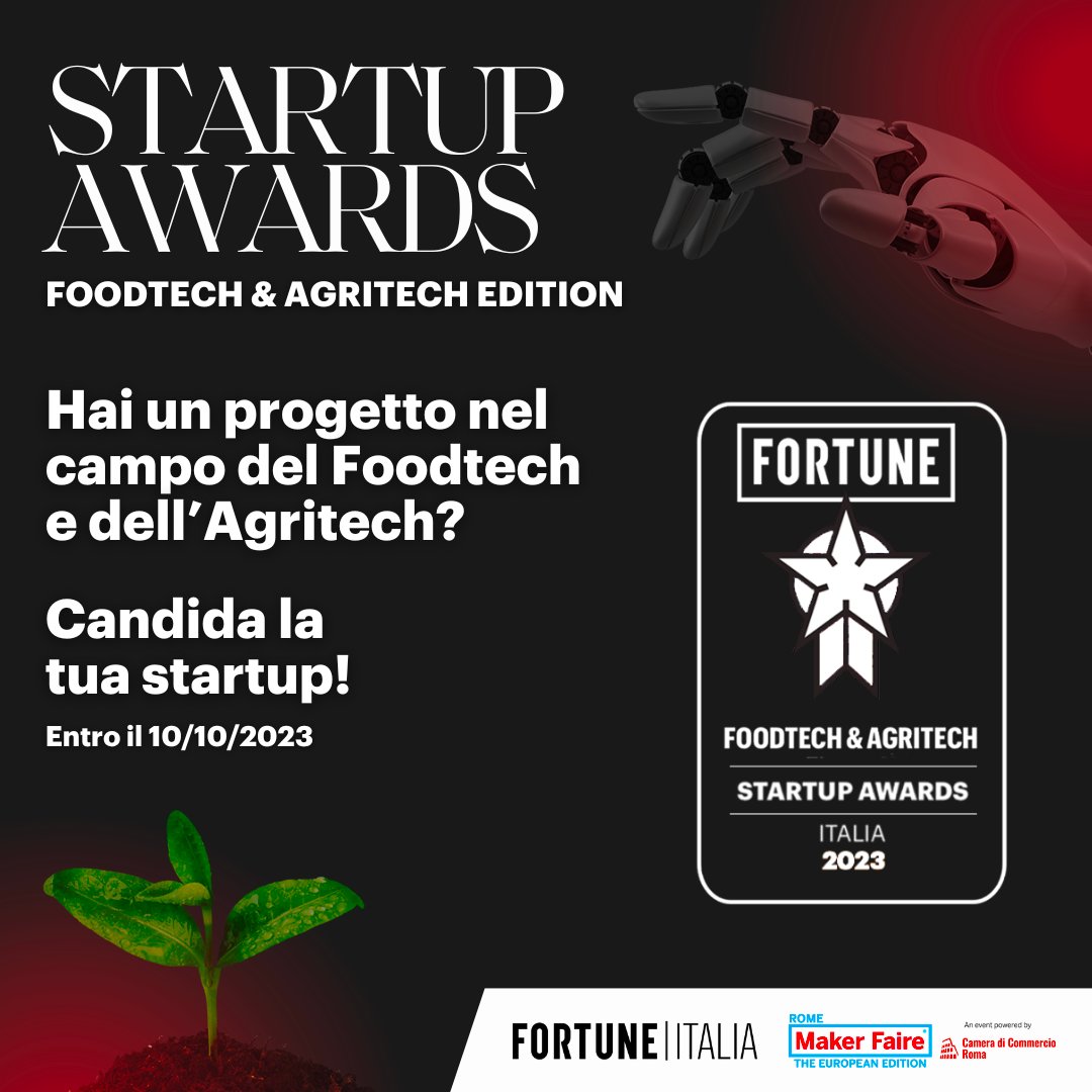 Hai un'idea brillante in ambito #agrifood o #agritech? Partecipa a 'Startup Awards' il contest di #MakerFaireRome e @fortuneitalia che promuove l'innovazione applicata al settore agricolo e alimentare. Candidature entro il 10/10 ▶ ow.ly/p0Jy50PIF99
