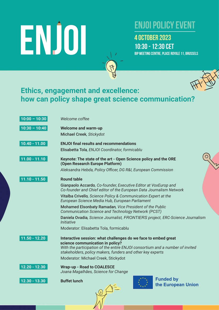 stickydoteu's tweet photo. Join us for the @ENJOIproject Policy Event 👉https://t.co/ucJFAyLepy 

📆 Oct 4 2023
🕥 10:30 - 12:30 CET

How can  🇪🇺 #policy help support excellence in #ScienceJournalism and #SciComm? We will also see how these findings will be further developed in @scicommEU. https://t.co/QAzc7v1vpE