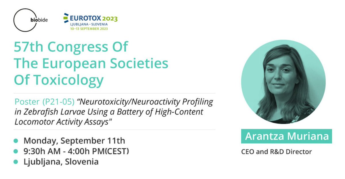 #EUROTOX2023 starts and Arantza Muriana, CEO and R&amp;D Director, will be presenting our poster (P21-05).
📌Poster (P21-05) "Neurotoxicity/Neuroactivity Profiling in Zebrafish Larvae Using a Battery of High-Content Locomotor Activity Assays"
🕒 9:30h AM - 4:00h PM (CEST)