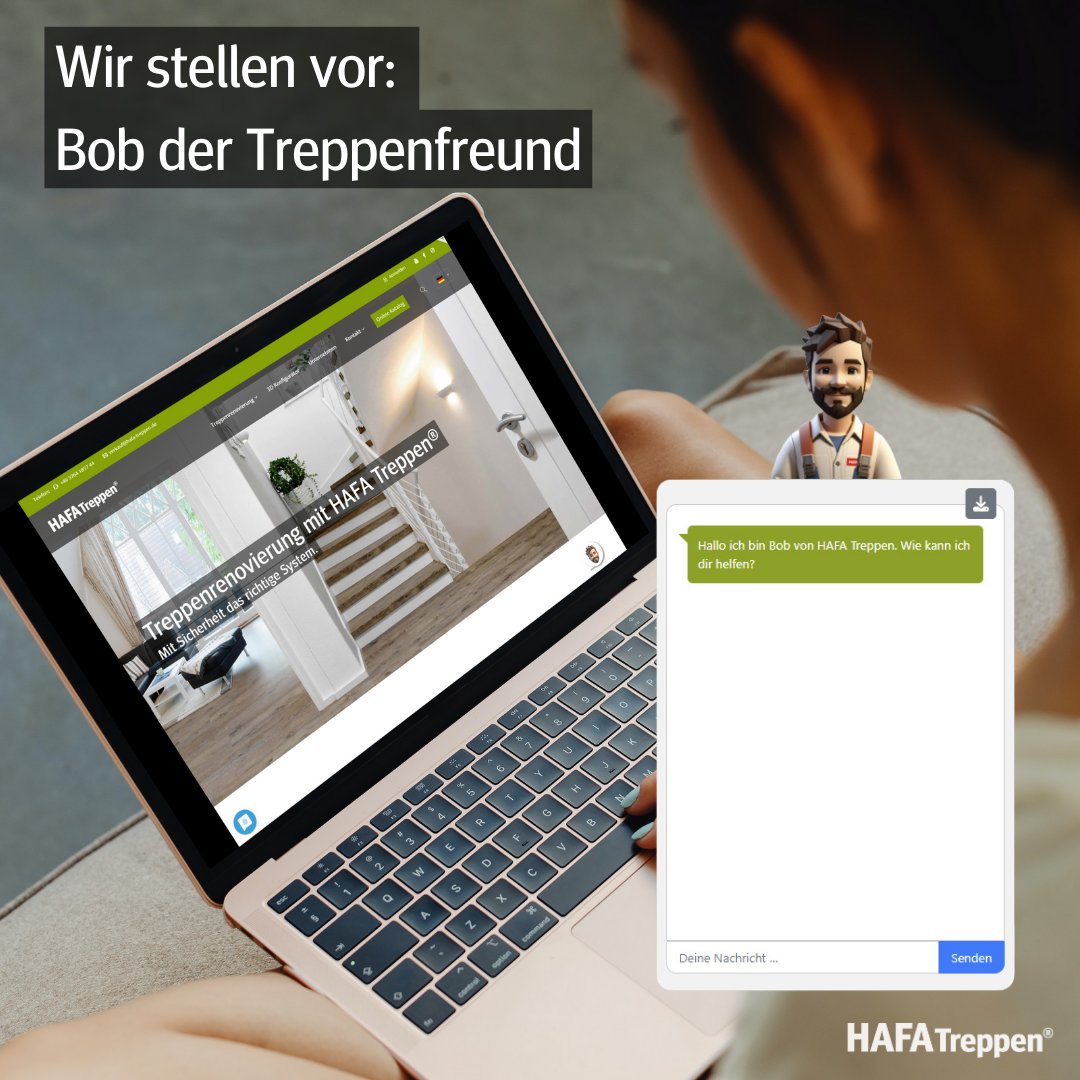 HafaTreppen's tweet photo. Sie haben Fragen zur Treppenrenovierung und wissen nicht, wo Sie anfangen sollen? Lernen Sie Bob kennen, unseren hilfreichen Cheat Bot. Besuchen Sie unsere Webseite und Sie finden Bob unten rechts auf der Startseite. https://t.co/cZaZ5CQBP8