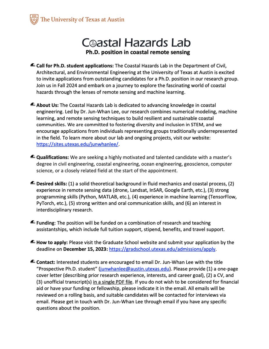 Call for Ph.D. Student Applications! Join us at @CHL_UTAUSTIN in @ut_caee @UTAustin for an exciting Ph.D. position in coastal remote sensing and machine learning. 🛰️🌊 🗓️ Start in Fall 2024 📅 Deadline: December 15, 2023