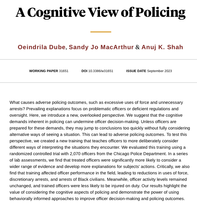 arindube's tweet photo. How do we prevent excessive force and unnecessary arrests in policing?

A new study from @HarrisPolicy Crime Lab offers a novel approach: Training officers to manage cognitive biases reduced adverse outcomes &amp; racial disparities in policing. https://t.co/WMe5I0FpL7

🧵 https://t.co/hZ7Tvw5RNN