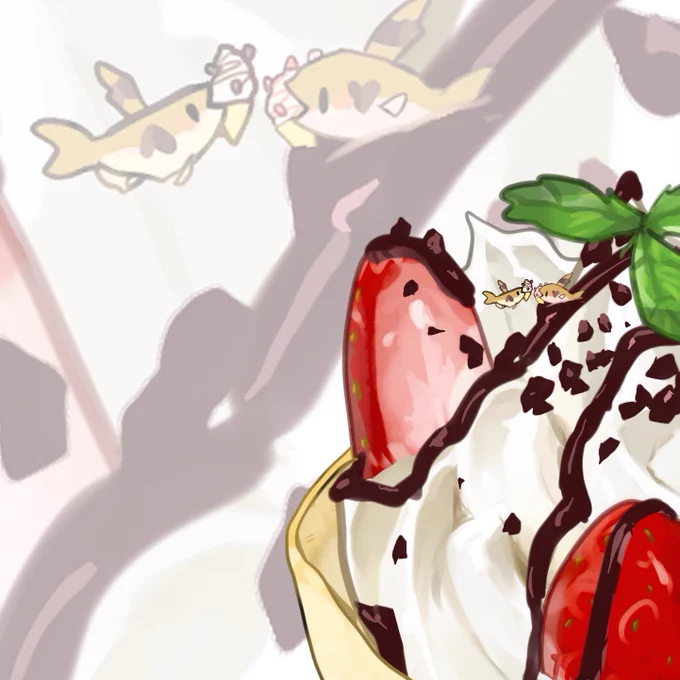 最近描くのにハマってる食べ物で喜んでる小さな魚たちには元のお魚が居ます。#熱帯魚 #コーヒービーンテトラ 