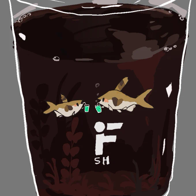最近描くのにハマってる食べ物で喜んでる小さな魚たちには元のお魚が居ます。#熱帯魚 #コーヒービーンテトラ 