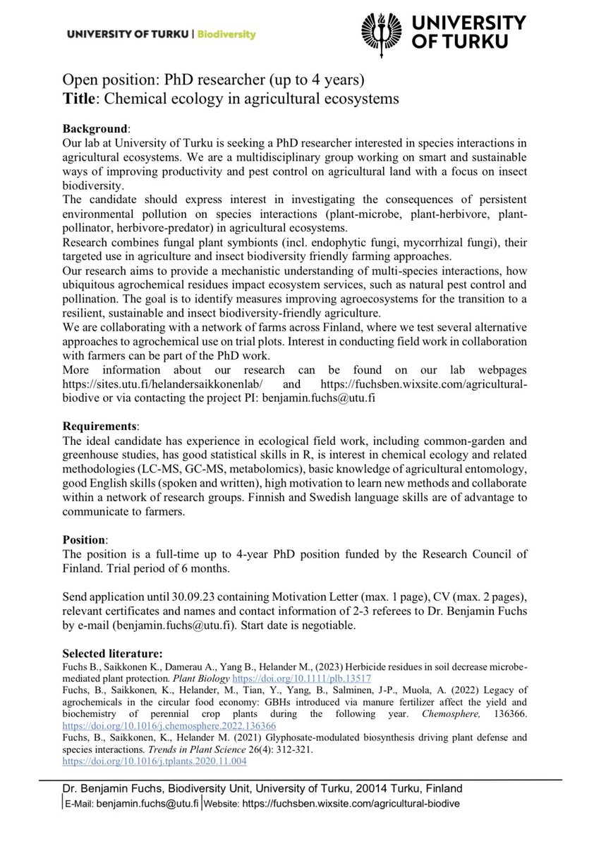 Benjamin Fuchs (@_benjaminfuchs) on Twitter photo PhD offer! Please retweet the position in my group <a href="/UniTurku/">Turun yliopisto - University of Turku</a> Up to 4 years funded by <a href="/SuomenAkatemia/">Suomen Akatemia | Research Council of Finland</a>
If you are interested in studying species interactions in agricultural settings to improve #biodiversity friendly and #sustainable farming, please reach out🐝🐞🍀🌾🌻 PhD offer! Please retweet the position in my group <a href="/UniTurku/">Turun yliopisto - University of Turku</a> Up to 4 years funded by <a href="/SuomenAkatemia/">Suomen Akatemia | Research Council of Finland</a>
If you are interested in studying species interactions in agricultural settings to improve #biodiversity friendly and #sustainable farming, please reach out🐝🐞🍀🌾🌻