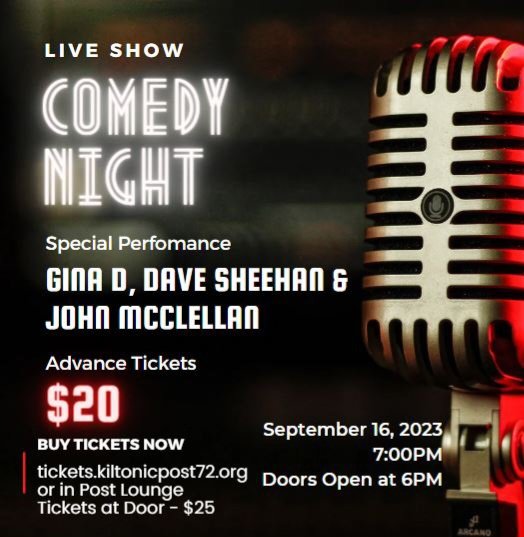 Kiltonicpost72's tweet photo. Tickets are still available for Comedy Night this Saturday.   Buy your tickets in advance and save.   https://t.co/xCzxOkTRxq  or in the post lounge.   See you Saturday! https://t.co/8YzKYHSTEt