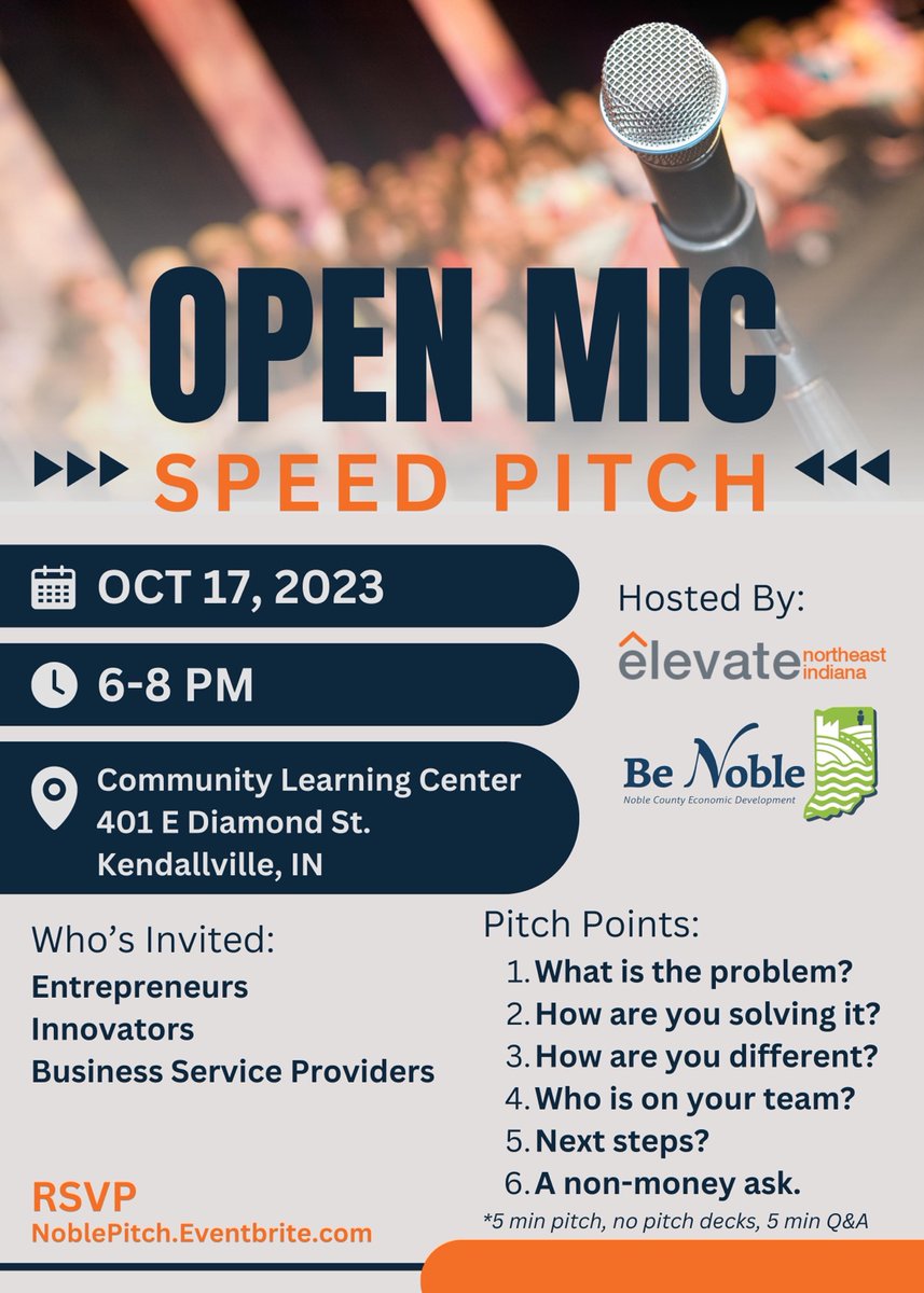 We're excited for the collaboration with <a href="/ElevateIN/">Elevate Ventures</a>  to bring this opportunity to Noble County's entrepreneurs, innovators, and biz service providers! Register now at worknoble.org/post/pitch-you….  #grownoble