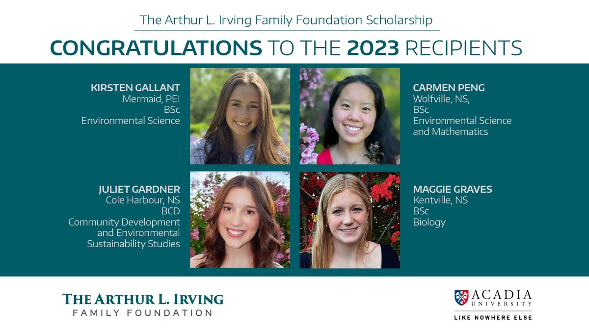Acadia University (@acadiau) on Twitter photo Acadia University and the <a href="/IrvingCentre/">K.C. Irving Centre</a> are pleased to announce the 2023-24 recipients of the Arthur L. Irving Family Foundation Scholarships. Please join us in congratulating Kirsten Gallant, Juliet Gardner, Maggie Graves, and Carmen Peng. bit.ly/IrvingScholars Acadia University and the <a href="/IrvingCentre/">K.C. Irving Centre</a> are pleased to announce the 2023-24 recipients of the Arthur L. Irving Family Foundation Scholarships. Please join us in congratulating Kirsten Gallant, Juliet Gardner, Maggie Graves, and Carmen Peng. bit.ly/IrvingScholars