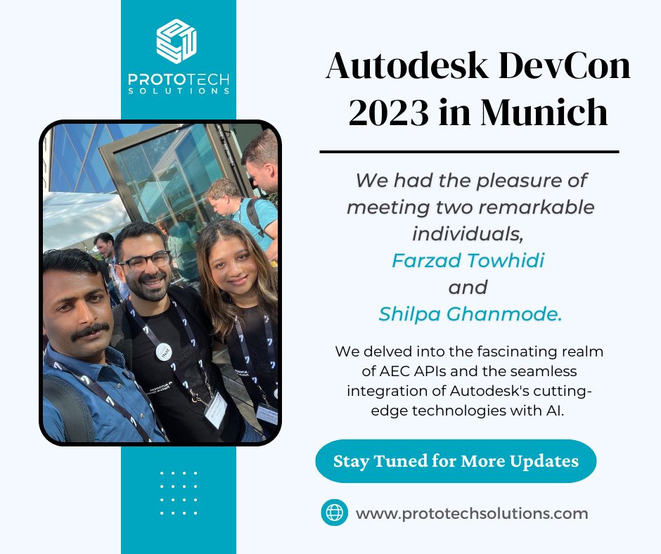 ProtoTechSoln's tweet image. Exciting Update from Autodesk DevCon 2023 in Munich! 

We had the privilege to meet two incredible minds today - Farzad Towhidi (Sr. Manager of Product Management - Product Data Platform at Autodesk) and Shilpa Ghanmode (Product Manager at Autodesk) at #AutodeskDevCon2023!