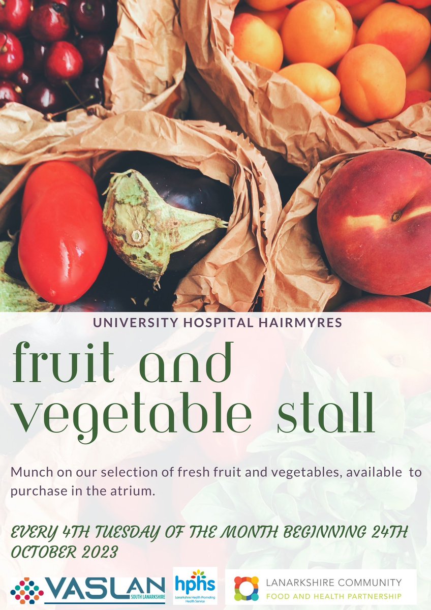 Angela Donaldson (@angiedon83) on Twitter photo The Health Promoting Health Service #HPHS have been working with our partners at Lanarkshire Community Food and Health Partnership and VASLAN to bring the fruit and vegetable stall back to the atrium <a href="/wearehairmyres/">University Hospital Hairmyres</a> starting 24th October 2023 <a href="/NHSLHI/">NHS Lanarkshire - Health Improvement</a> <a href="/jacquelinejmar3/">Jac Martin 🇺🇦🌻✊🏿💙#IStandWithUkraine</a> <a href="/lise_axford/">Lise Axford </a> The Health Promoting Health Service #HPHS have been working with our partners at Lanarkshire Community Food and Health Partnership and VASLAN to bring the fruit and vegetable stall back to the atrium <a href="/wearehairmyres/">University Hospital Hairmyres</a> starting 24th October 2023 <a href="/NHSLHI/">NHS Lanarkshire - Health Improvement</a> <a href="/jacquelinejmar3/">Jac Martin 🇺🇦🌻✊🏿💙#IStandWithUkraine</a> <a href="/lise_axford/">Lise Axford </a>
