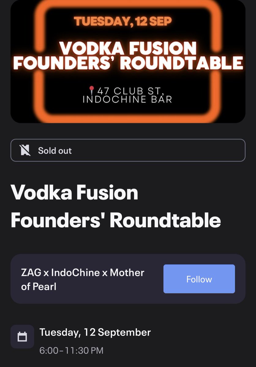 ZAGNetwork's tweet photo. ZAG's Vodka Fusion Founders’ Roundtable event is officially SOLD OUT with a whopping 100 sign-ups! Get ready for a high-energy evening of networking and connecting with incredible project founders. See you tomorrow for an unforgettable event! 🥂
#Token2049 #FoundersRoundtable https://t.co/1lL5UwEYUQ