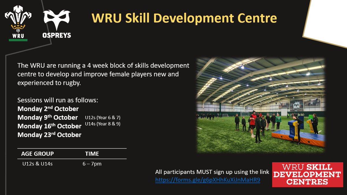 📢WRU Girls Skill Development Centre starts back📢

📆Monday 2nd October - Monday 23rd October
📍<a href="/LlandarcySport/">Llandarcy Academy</a>
⏰️6-7pm
👭U12s &amp; U14s
📲SIGN UP here forms.gle/g6pXHhKuXiJnMa…

<a href="/WRU_Community/">WRU Community - Wrth galon y genedl</a>
