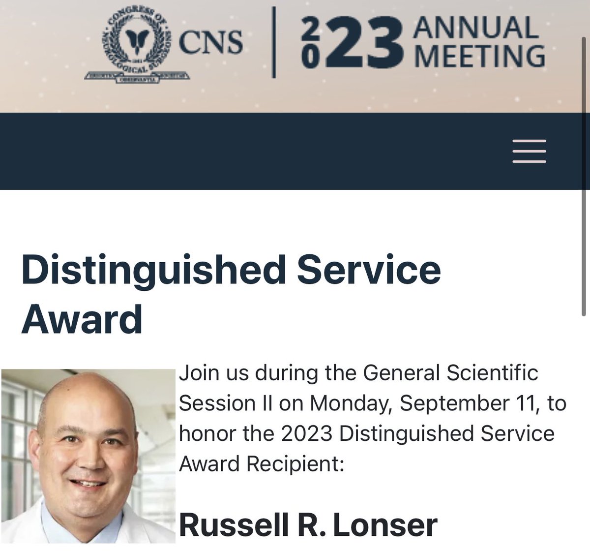 Congratulations to our Chairman <a href="/RussellLonser/">Russell Lonser, M.D.</a> for being awarded the 2023 Distinguished Service Award from <a href="/CNS_Update/">CNS</a> #2023CNS. Well deserved!
