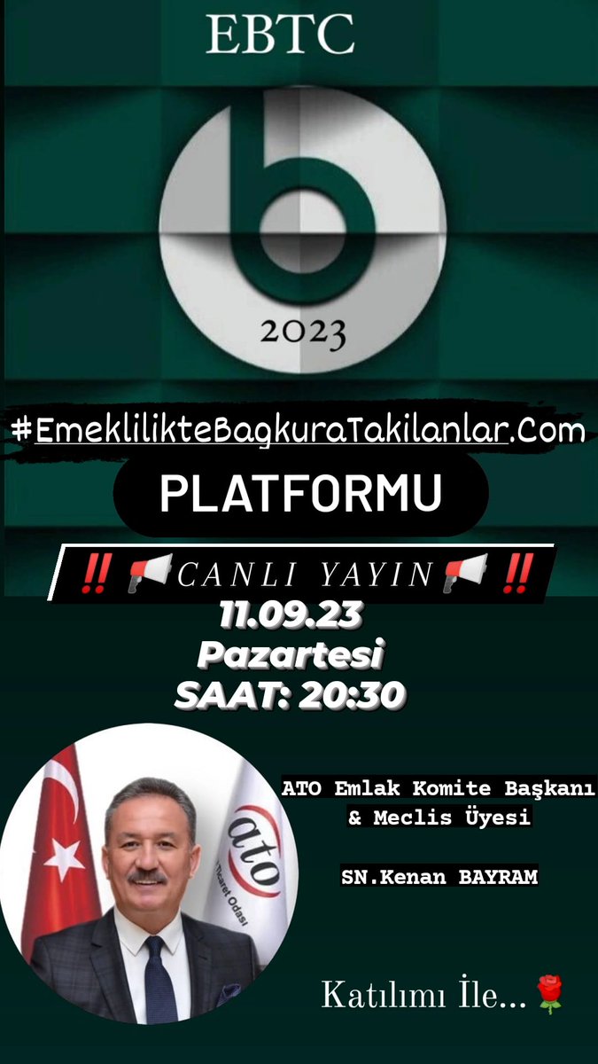 _ozkal_'s tweet photo. @kenanba73465695 ATO Emlak Komite Başkanı ve Meclis üyesi SN. Kenan Bayram (@kenanba73465695) ile SN. Vedat Işıkhan'ın diyalog halinde olduğu toplantının detayları için⬇️
Bu akşam saat 20:30 da #EmeklilikteBagkuraTakilanlar PLATFORMU'nun CANLI YAYININDAYIZ.
TÜM BAGKURLULARI BEKLİYORUZ. https://t.co/yLsrPATc43