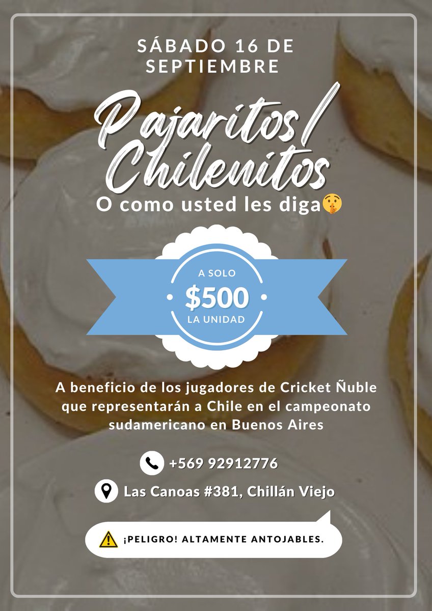 ¡Y si no alcanza a comprar el jueves, para el sábado 16 también tendremos dulces fresquitos!🇨🇱

Ya nos queda la última patita para viajar a Buenos Aires y con los chicos de <a href="/CricketNuble/">Cricket Ñuble</a> agradecemos todo apoyo que nos puedan brindar ❤️

#Chillán #ChillánViejo #Ñuble