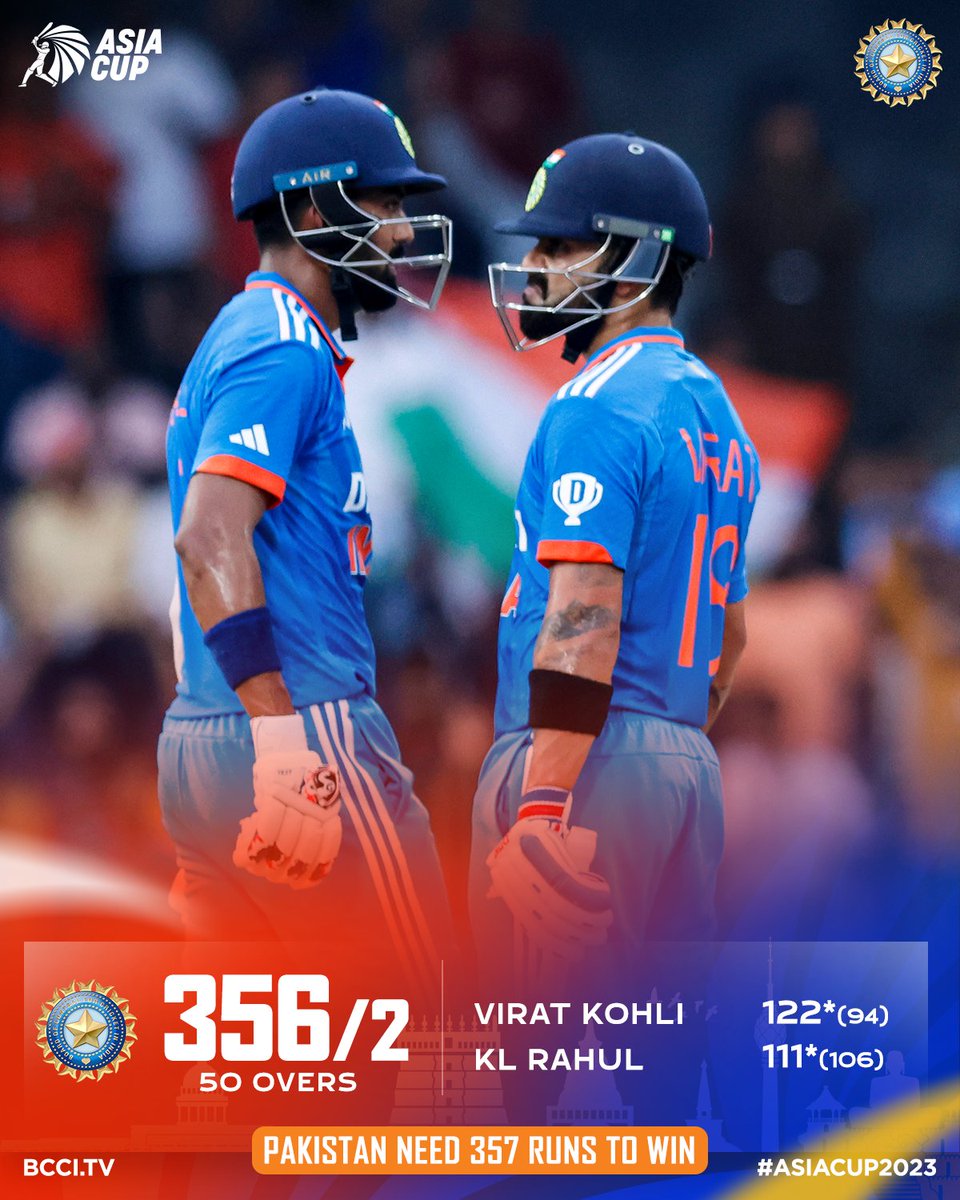 BCCI's tweet photo. Innings Break!

A brilliant opening partnership between @ImRo45 &amp; @ShubmanGill, followed by a stupendous 233* run partnership between @imVkohli &amp; @klrahul as #TeamIndia post a total of 356/2 on the board.

Scorecard - https://t.co/kg7Sh2t5pM… #INDvPAK https://t.co/2eu66WTKqz